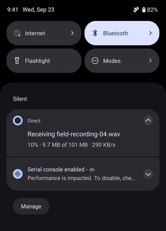 The Android notification shade showing Direct receiving a file at 10 percent, 9.7 MB of 101 MB, 290 KB/s.