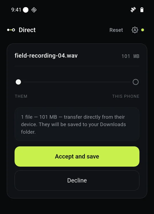 The Android app showing an incoming transfer of one 101 MB file, with Accept and save, and Decline.