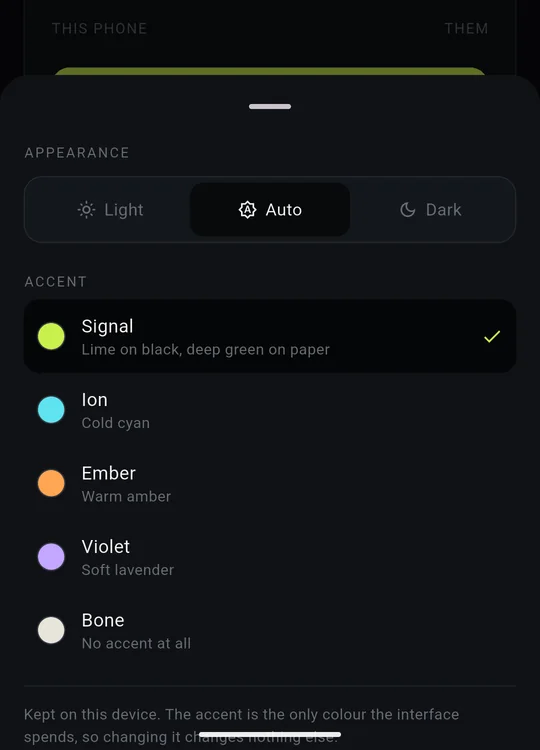 The appearance sheet with Light, Auto and Dark, and five accent colours: signal, ion, ember, violet and bone.